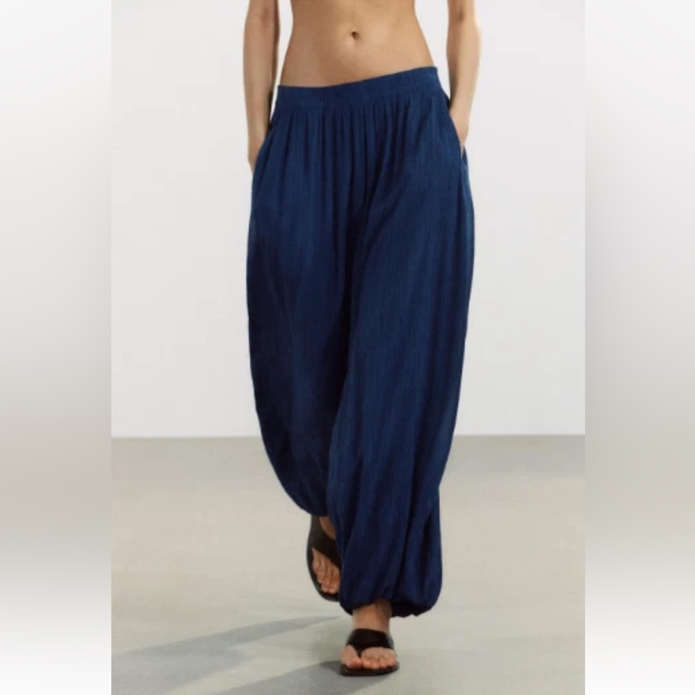 ZARA Dark Blue Textured Balloon Harem Pants | Elastic Waist | NWT